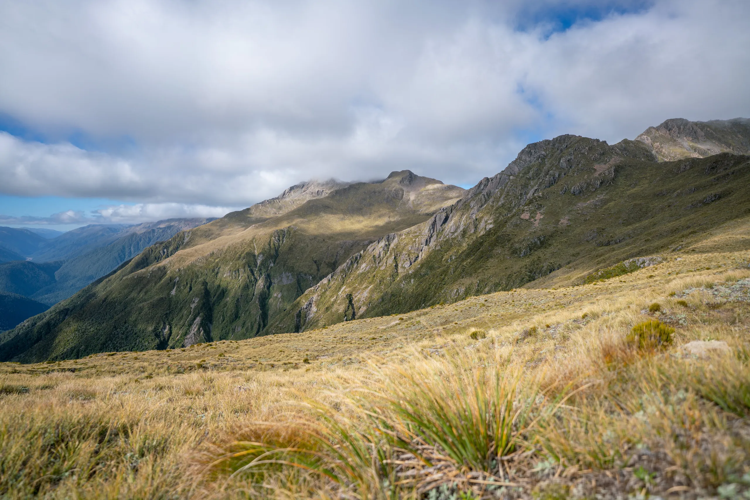 The open tops around Mt Pfeifer, with the summit concealed by cloud