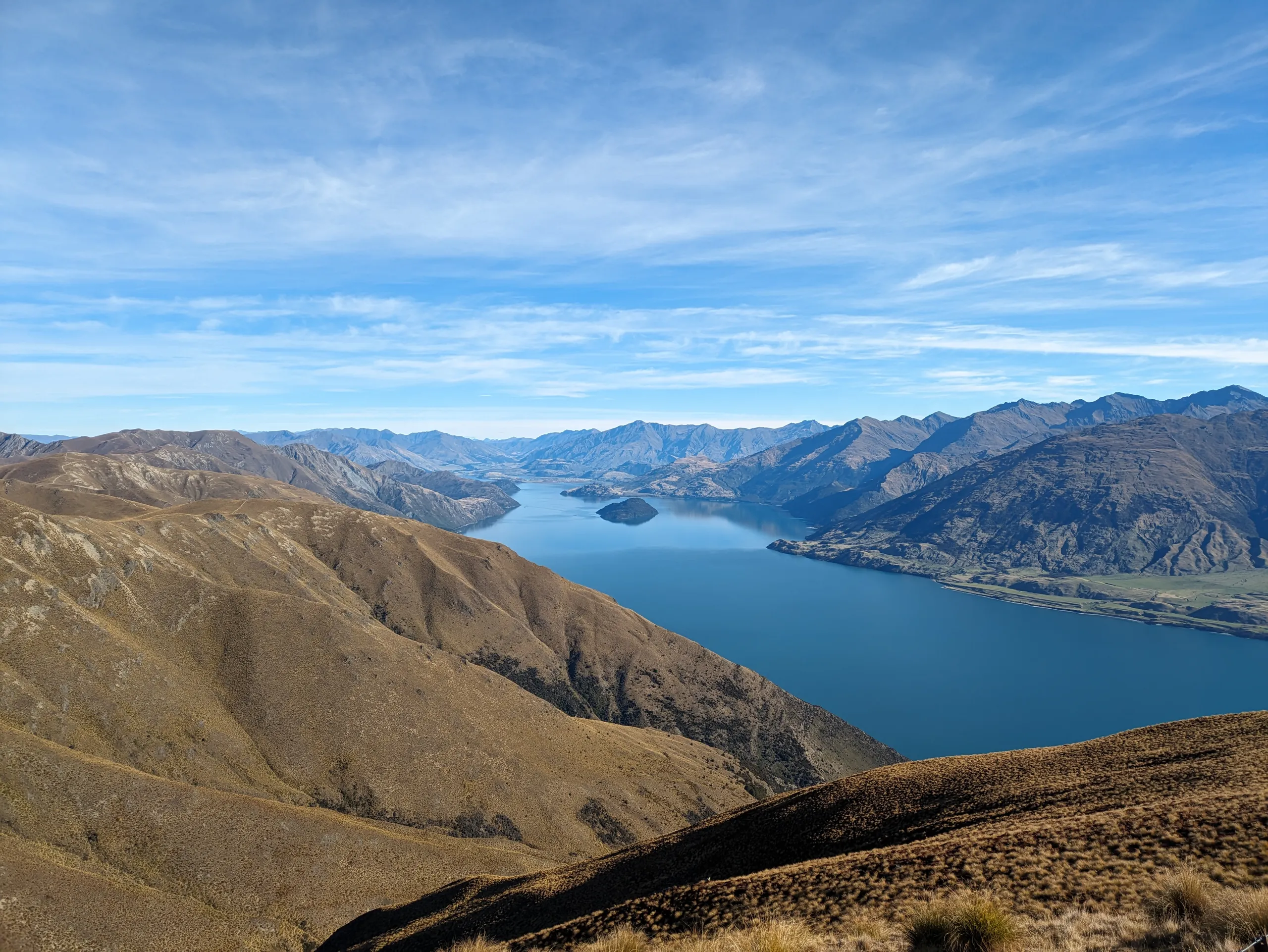 Looking south from the summit. The small forested island is Mou Waho, which I have added to my list of places I want to camp!