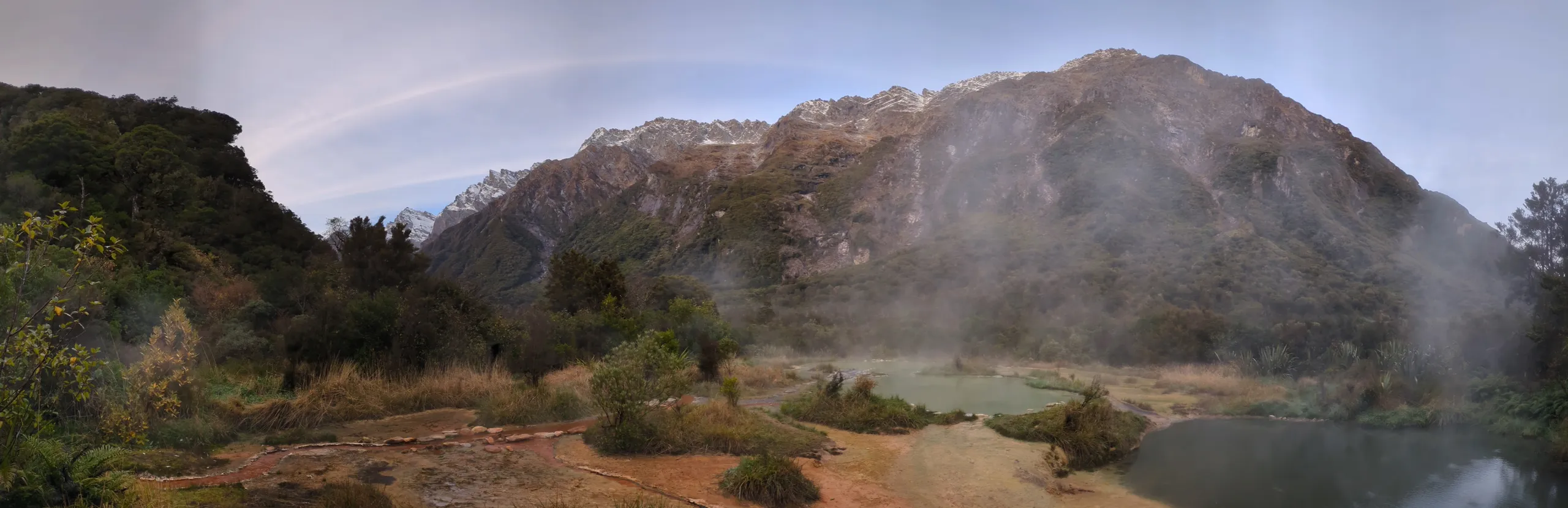 The Welcome Flat hot pools, with views of the imposing Sierra Range